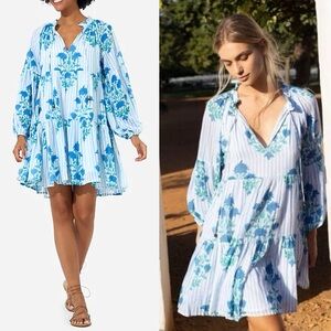 NWT Tuckernuck Oliphant Jaipur Blue Stripe Balloon Sleeve Dress Size L Floral 22